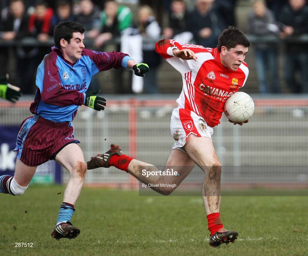 17 March 2008; Tiarnan O'Hagan, St. Patrick's Academy Dungannon, in action against PJ Rodgers, St. Michael's Enniskillen. Bank of Ireland MacRory Cup Final, St. Michael's Enniskillen v St. Patrick's Academy Dungannon, Healy Park, Omagh, Co Tyrone. Picture credit; Oliver McVeigh / SPORTSFILE