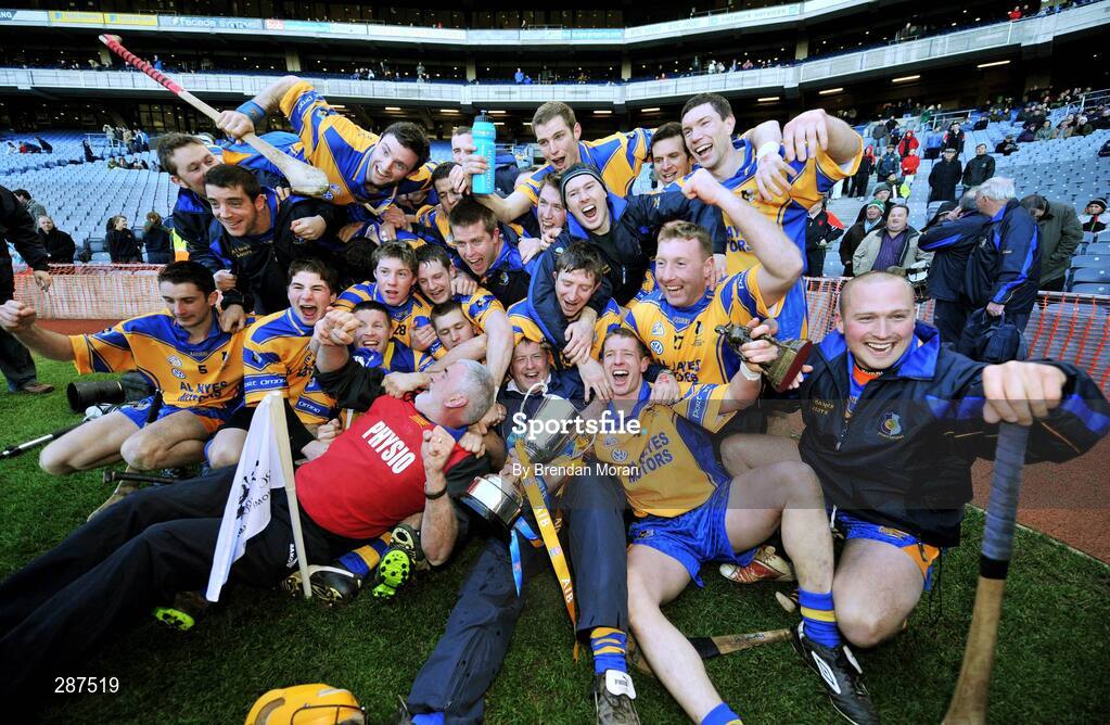17 March 2008; The Portumna squad celebrate with the Tommy Moore cup after the game. AIB All-Ireland Club Hurling Final - Portumna v Birr, Croke Park, Dublin. Picture credit; Brendan Moran / SPORTSFILE *** Local Caption ***