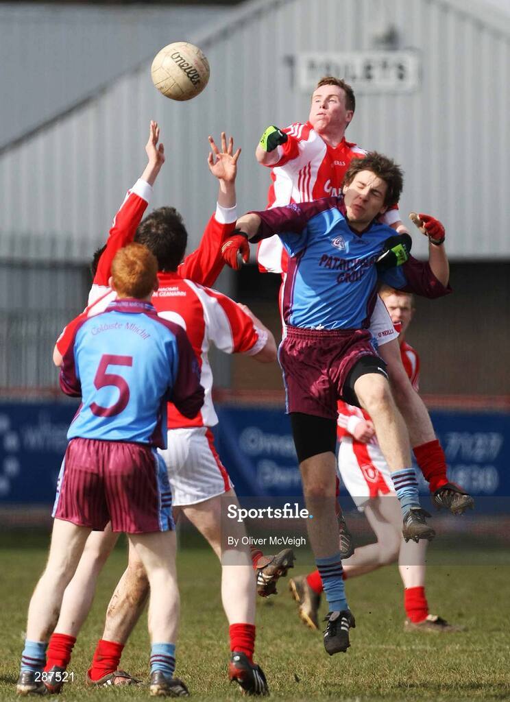 17 March 2008; David Laverty, St. Patrick's Academy Dungannon, in action against Richard O'Callaghan, St. Michael's Enniskillen. Bank of Ireland MacRory Cup Final, St. Michael's Enniskillen v St. Patrick's Academy Dungannon, Healy Park, Omagh, Co Tyrone. Picture credit; Oliver McVeigh / SPORTSFILE