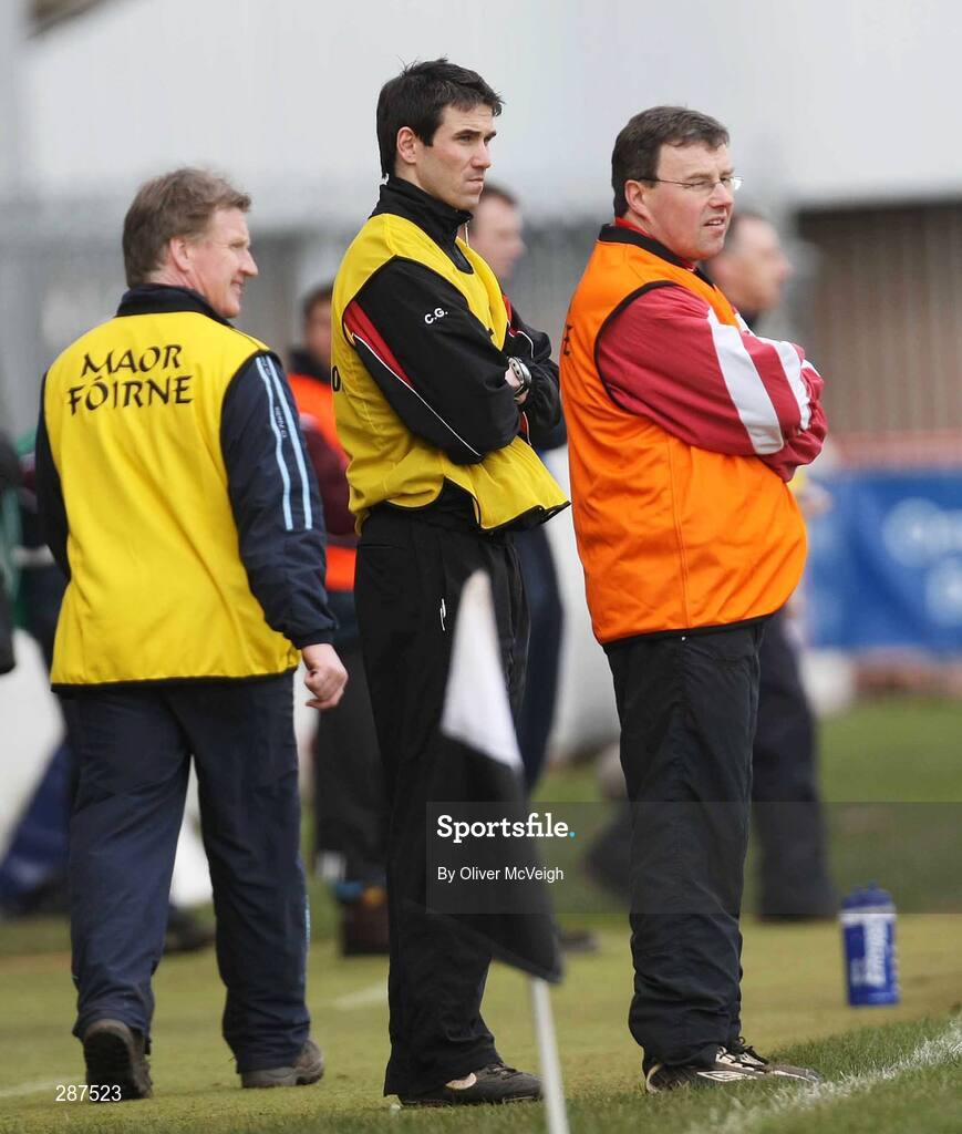 17 March 2008; St. Patrick's Academy Dungannon joint managers Ciaran Gourley and Peter Herron watching from the sideline. Bank of Ireland MacRory Cup Final, St. Michael's Enniskillen v St. Patrick's Academy Dungannon, Healy Park, Omagh, Co Tyrone. Picture credit; Oliver McVeigh / SPORTSFILE