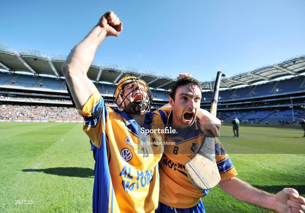 17 March 2008; Portumna players Andrew Smith, left, and Leo Smith celebrates after the game. AIB All-Ireland Club Hurling Final - Portumna v Birr, Croke Park, Dublin. Picture credit; Brendan Moran / SPORTSFILE *** Local Caption ***