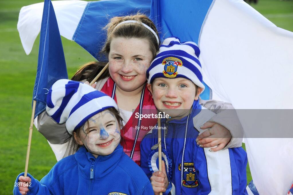 17 March 2008; St Vincents' supporters Fionagh Lambe, five years, her sister Eilis, 10, and brother Mattie, 7, from Clonturk Park, Drumcondra, celebrates her team's win. AIB All-Ireland Club Football Final - St Vincent's v Nemo Rangers, Croke Park, Dublin. Picture credit; Ray McManus / SPORTSFILE