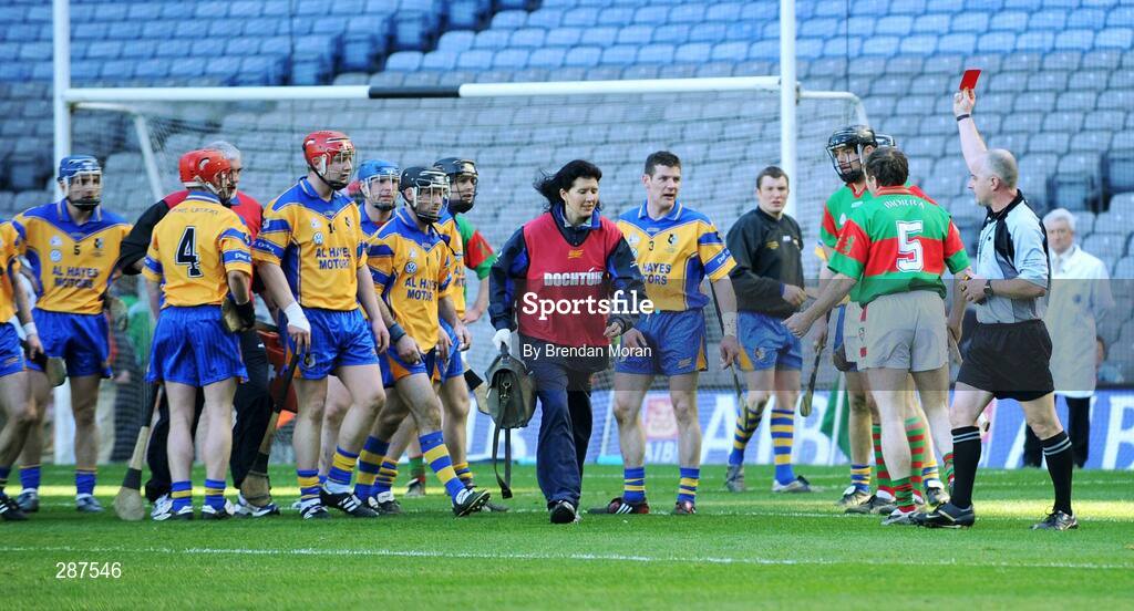 17 March 2008; Birr's Brian Whelahan, 5, is shown a red card by referee John Sexton. AIB All-Ireland Club Hurling Final - Portumna v Birr, Croke Park, Dublin. Picture credit; Brendan Moran / SPORTSFILE *** Local Caption ***