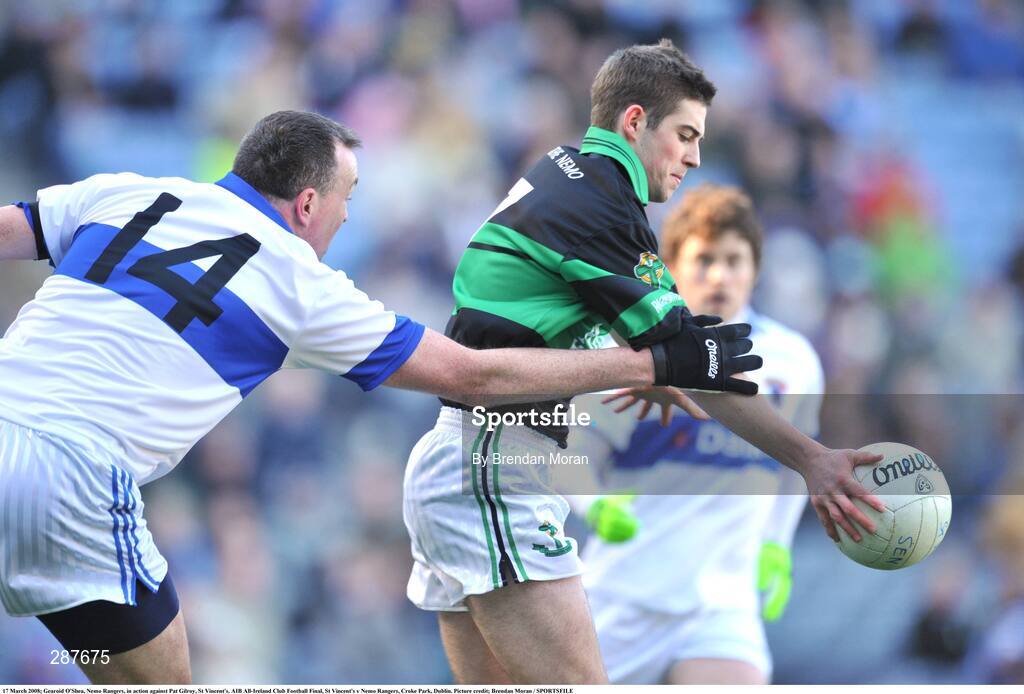 17 March 2008; Gearoid O'Shea, Nemo Rangers, in action against Pat Gilroy, St Vincent's. AIB All-Ireland Club Football Final, St Vincent's v Nemo Rangers, Croke Park, Dublin. Picture credit; Brendan Moran / SPORTSFILE