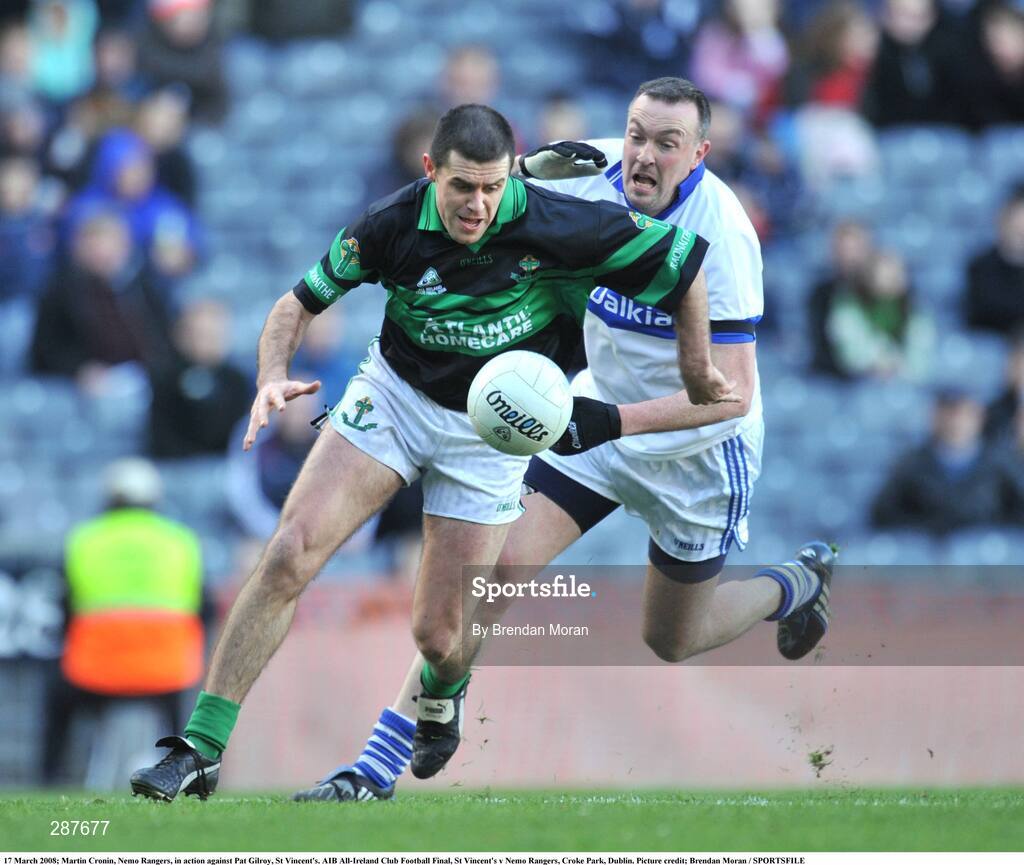 17 March 2008; Martin Cronin, Nemo Rangers, in action against Pat Gilroy, St Vincent's. AIB All-Ireland Club Football Final, St Vincent's v Nemo Rangers, Croke Park, Dublin. Picture credit; Brendan Moran / SPORTSFILE