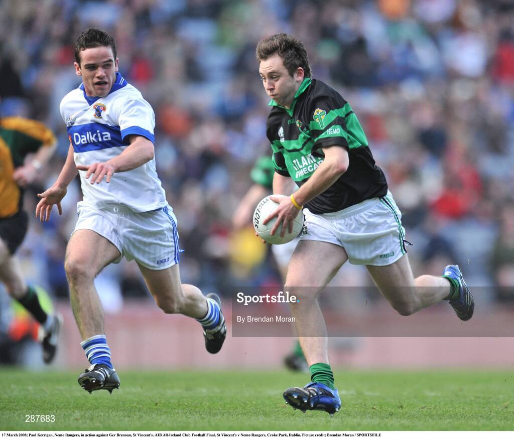 17 March 2008; Paul Kerrigan, Nemo Rangers, in action against Ger Brennan, St Vincent's. AIB All-Ireland Club Football Final, St Vincent's v Nemo Rangers, Croke Park, Dublin. Picture credit; Brendan Moran / SPORTSFILE