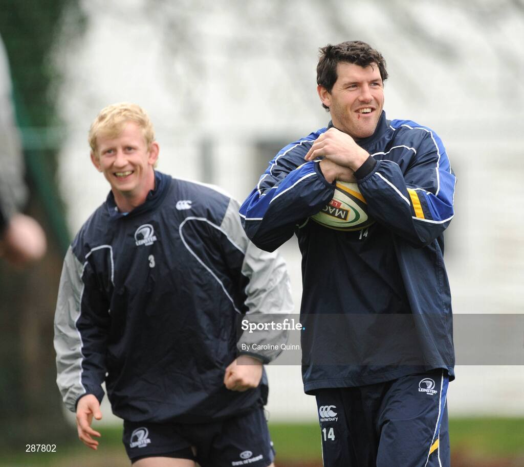 19 March 2008; Leinster's Shane Horgan and Leo Cullen in action during squad training ahead of their Magners League game against Glasgow Warriors on Friday night. Leinster rugby squad training, Belfield, UCD, Dublin. Picture credit: Caroline Quinn / SPORTSFILE