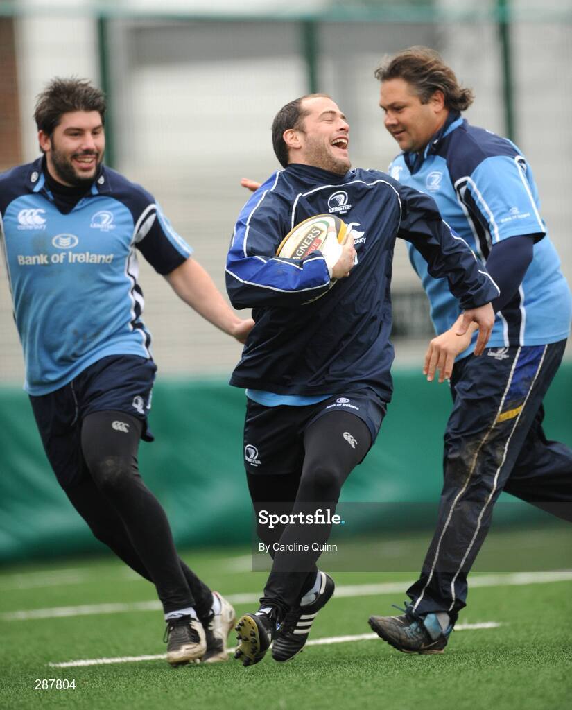 19 March 2008; Leinster's Felippe Contepomi, centre, in action against team-mates Brian Blaney, left, and Ollie Le Roux during squad training ahead of their Magners League game against Glasgow Warriors on Friday night. Leinster rugby squad training, Belfield, UCD, Dublin. Picture credit: Caroline Quinn / SPORTSFILE