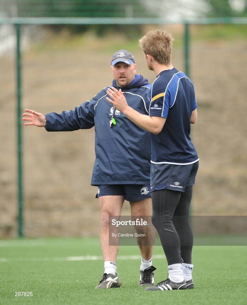 19 March 2008; Kurt McQuilkin, Leinster coaching team, in conversation with Luke Fitzgerald during squad training ahead of their Magners League game against Glasgow Warriors on Friday night. Leinster rugby squad training, Belfield, UCD, Dublin. Picture credit: Caroline Quinn / SPORTSFILE