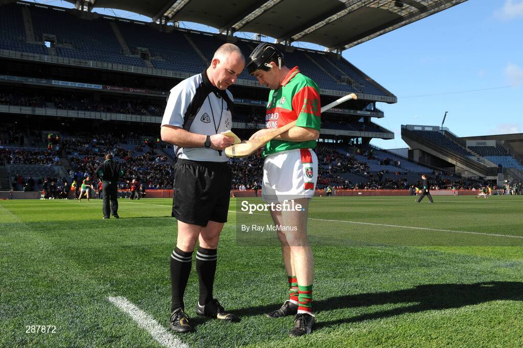 17 March 2008; Referee John Sexton checks the team sheet with Birr captain Brian Whelahan before the game. AIB All-Ireland Club Hurling Final, Portumna v Birr, Croke Park, Dublin. Picture credit; Ray McManus / SPORTSFILE