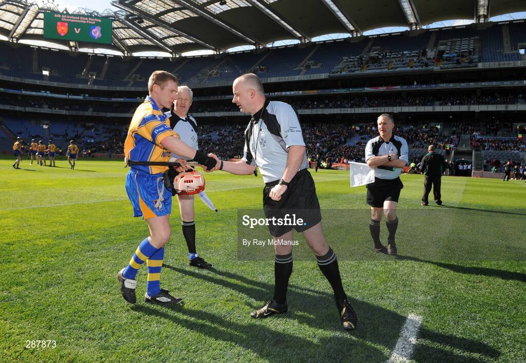 17 March 2008; Referee John Sexton shakes hands with Portumna captain Ollie Canning before the game. AIB All-Ireland Club Hurling Final, Portumna v Birr, Croke Park, Dublin. Picture credit; Ray McManus / SPORTSFILE