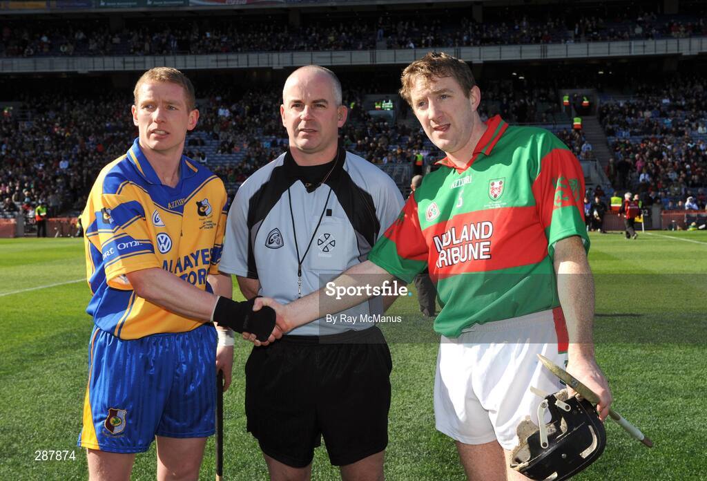 17 March 2008; Portumna captain Ollie Canning, left, and Birr captain Brian Whelahan shake hands in front of referee John Sexton before the game. AIB All-Ireland Club Hurling Final, Portumna v Birr, Croke Park, Dublin. Picture credit; Ray McManus / SPORTSFILE