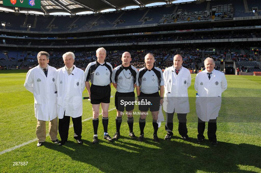 17 March 2008; Referee John Sexton, centre, with his linesmen Ciaran O Domhnaill, left, Ger Devlin, right, and his umpires. AIB All-Ireland Club Hurling Final, Portumna v Birr, Croke Park, Dublin. Picture credit; Ray McManus / SPORTSFILE