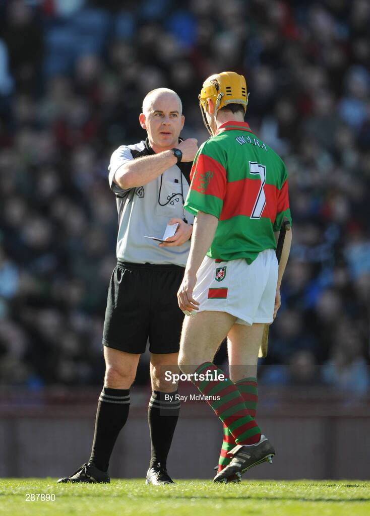 17 March 2008; Referee John Sexton speaks to Birr's Niall Claffey. AIB All-Ireland Club Hurling Final, Portumna v Birr, Croke Park, Dublin. Picture credit; Ray McManus / SPORTSFILE