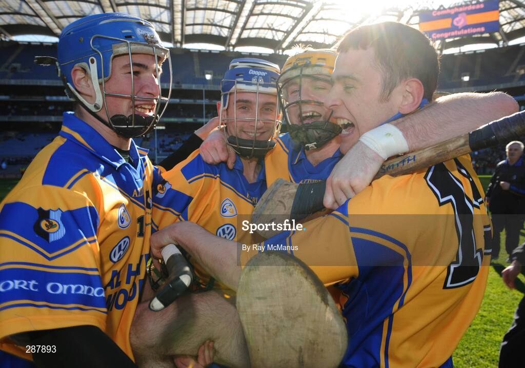 17 March 2008; Portumna players, from left, Martin Dolphin, Gareth Heagney, Andrew Smith and Aiden O'Donnell celebrate at the final whistle. AIB All-Ireland Club Hurling Final, Portumna v Birr, Croke Park, Dublin. Picture credit; Ray McManus / SPORTSFILE