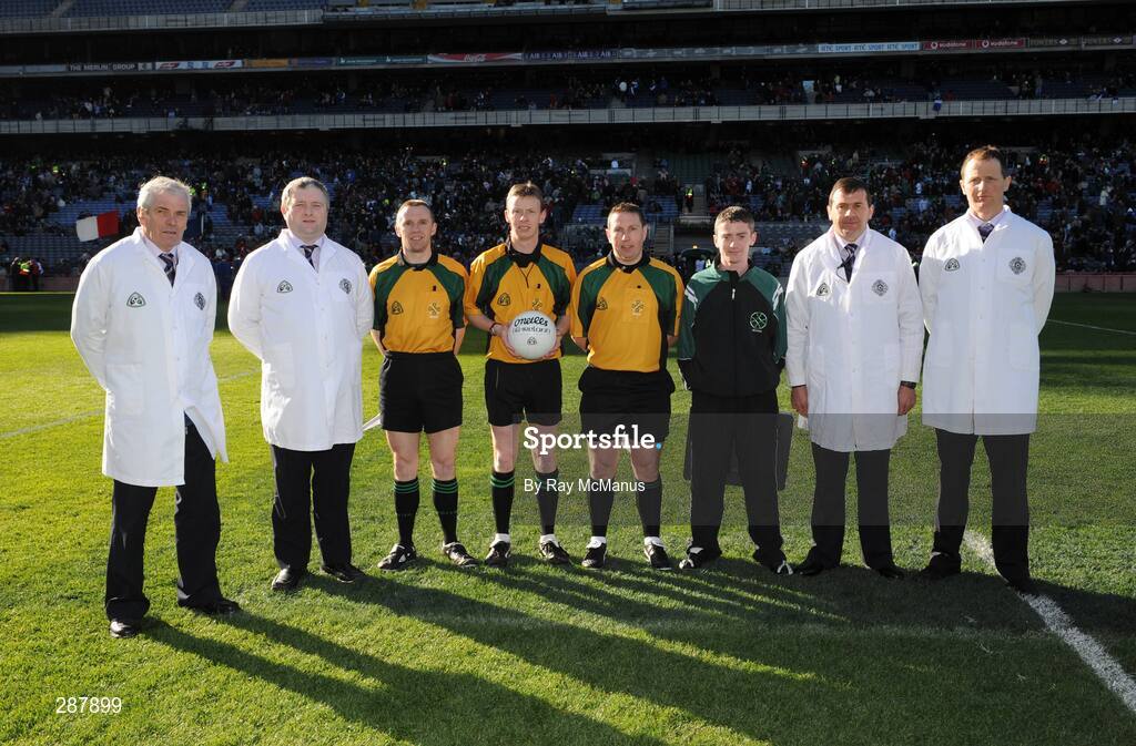17 March 2008; Referee Joe McQuillan with his linesmen Michael Duffy, left, Derek O'Mahony, right, fourth official Stephen Johnson and his umpires. AIB All-Ireland Club Football Final, St Vincents v Nemo Rangers, Croke Park, Dublin. Picture credit; Ray McManus / SPORTSFILE