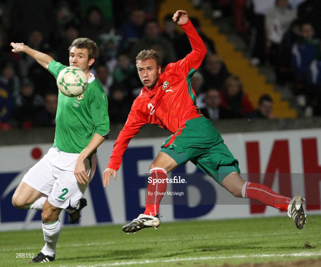 6 February 2008; Gareth McAuley, Northern Ireland, in action against Mihail Venkov, Bulgaria. International Friendly, Northern Ireland v Bulgaria, Windsor Park, Belfast, Co. Antrim. Picture credit; Oliver McVeigh / SPORTSFILE