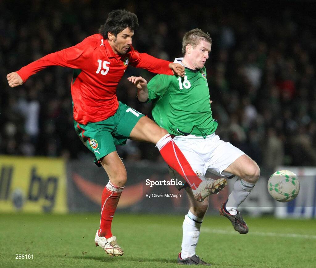 6 February 2008; Steve Davis, Northern Ireland, in action against Blagoy Georgiev, Bulgaria. International Friendly, Northern Ireland v Bulgaria, Windsor Park, Belfast, Co. Antrim. Picture credit; Oliver McVeigh / SPORTSFILE