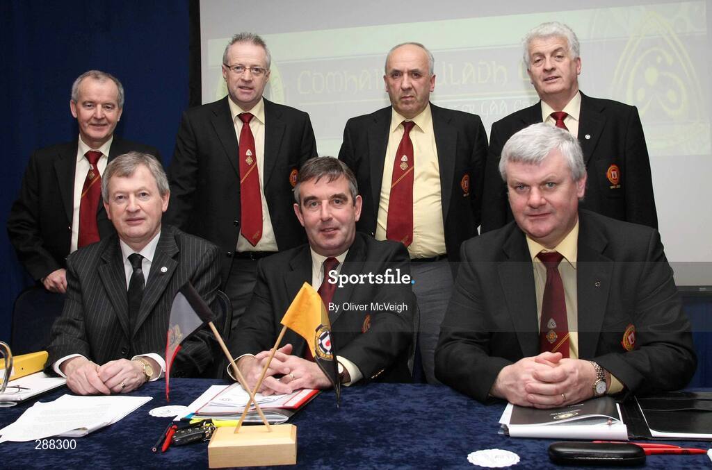 23 February 2008; Back row left to right PRO Michael Hasson, Treasurer Martin McAviney, Secretary Danny Murphy, Past President Michael Greenan,  Front row left to right Ard Stiurthuir Paraic Duffy, President Tom Daly, and Vice President  Aogan Farrell, during the Ulster Council Convention. Ulster Council Convention, Canal Court Hotel, Newry, Co. Down. Picture credit; Oliver McVeigh / SPORTSFILE