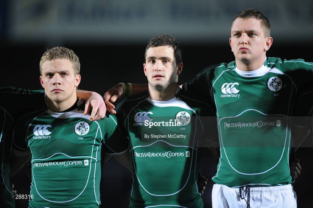 14 March 2008; Ireland players, from left, Ian Madigan, David Kearney and David Essex stand for the national anthem ahead of the game. U20 Six Nations Rugby Championship, England U20 v Ireland U20, Kingsholm, Gloucester, England. Picture credit: Stephen McCarthy / SPORTSFILE