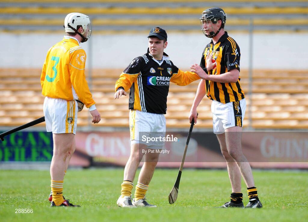 23 March 2008; Antrim goalkeeper stands in between team-mate Neil McGarry and Kilkenny's Martin Comerford during an altercation. Allianz National Hurling League, Division 1A, Round 5, Kilkenny v Antrim, Nowlan Park, Kilkenny. Picture credit; Pat Murphy / SPORTSFILE