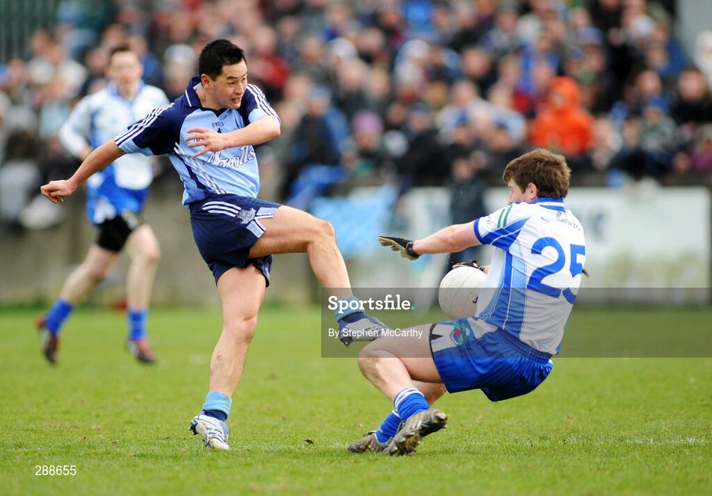23 March 2008;  Dublin's Jason Sherlock has his shot blocked by Darren Hughes, Monaghan. Allianz National Football League, Division 2, Round 4, Dublin v Monaghan, Parnell Park, Dublin. Picture credit; Stephen McCarthy / SPORTSFILE