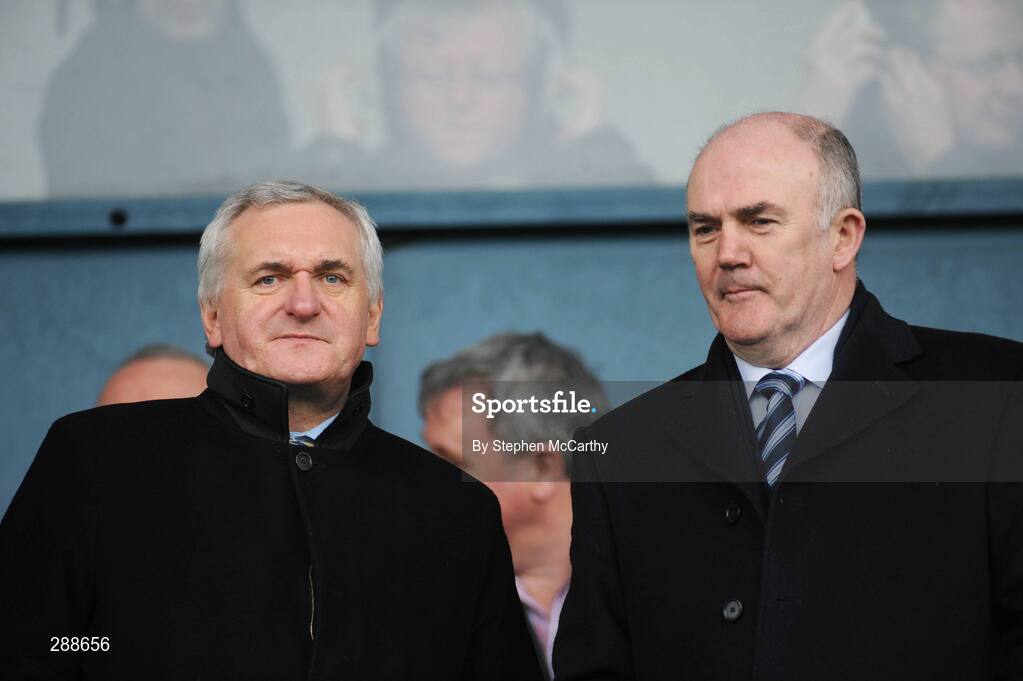 23 March 2008; An Taoiseach Bertie Ahern, T.D., left, with Chairman of the Dublin County Board Ger Harrington at half-time. Allianz National Football League, Division 2, Round 4, Dublin v Monaghan, Parnell Park, Dublin. Picture credit; Stephen McCarthy / SPORTSFILE