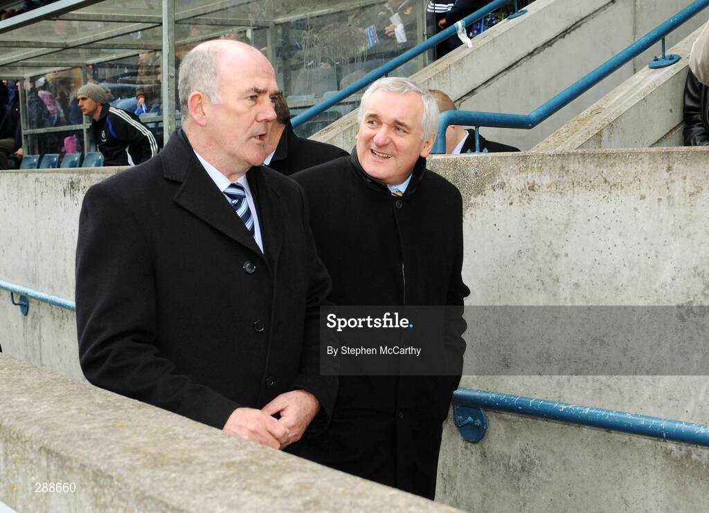 23 March 2008; An Taoiseach Bertie Ahern, T.D., right, arrives for the match accompanied by Chairman of the Dublin County Board Ger Harrington. Allianz National Football League, Division 2, Round 4, Dublin v Monaghan, Parnell Park, Dublin. Picture credit; Stephen McCarthy / SPORTSFILE