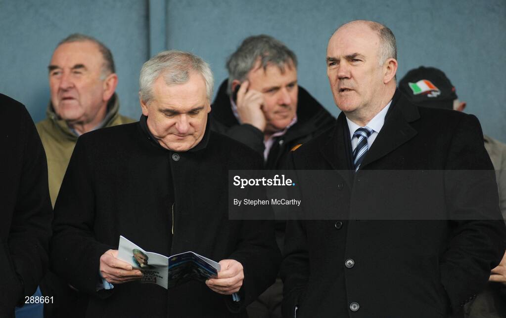 23 March 2008; An Taoiseach Bertie Ahern, T.D., reads the match programme alongside Chairman of the Dublin County Board Ger Harrington. Allianz National Football League, Division 2, Round 4, Dublin v Monaghan, Parnell Park, Dublin. Picture credit; Stephen McCarthy / SPORTSFILE