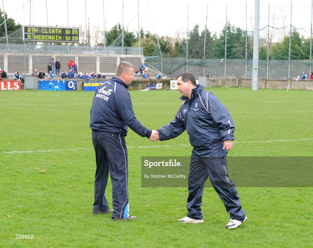 23 March 2008; Dublin manager Paul Caffrey, left, and Monaghan manager Seamus McEnaney shake hands ahead of the match. Allianz National Football League, Division 2, Round 4, Dublin v Monaghan, Parnell Park, Dublin. Picture credit; Stephen McCarthy / SPORTSFILE