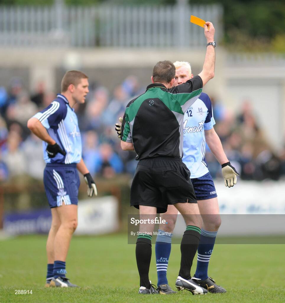 23 March 2008; Mark Vaughan, Dublin, is issued with a yellow card by referee Syl Doyle. Allianz National Football League, Division 2, Round 4, Dublin v Monaghan, Parnell Park, Dublin. Picture credit; Stephen McCarthy / SPORTSFILE