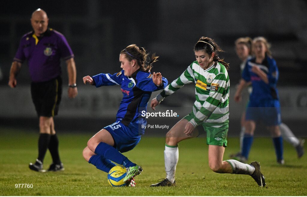 14 March 2015; Rachel Kearns, Castlebar Celtic, in action against Jessica Gargen, Peamount United. Continental Tyres Women's National League, Castlebar Celtic v Peamount United, Celtic Park, Castlebar, Co. Mayo. Picture credit: Pat Murphy / SPORTSFILE