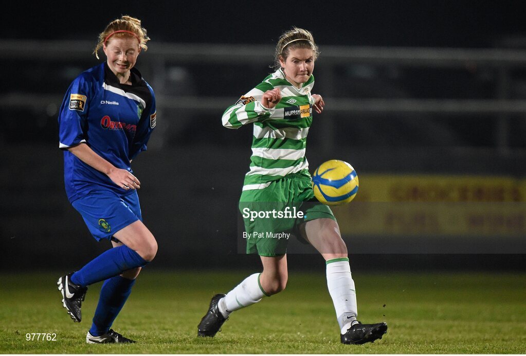 14 March 2015; Yvonne Hedien, Castlebar Celtic, in action against Hayley Nolan, Peamount United. Continental Tyres Women's National League, Castlebar Celtic v Peamount United, Celtic Park, Castlebar, Co. Mayo. Picture credit: Pat Murphy / SPORTSFILE