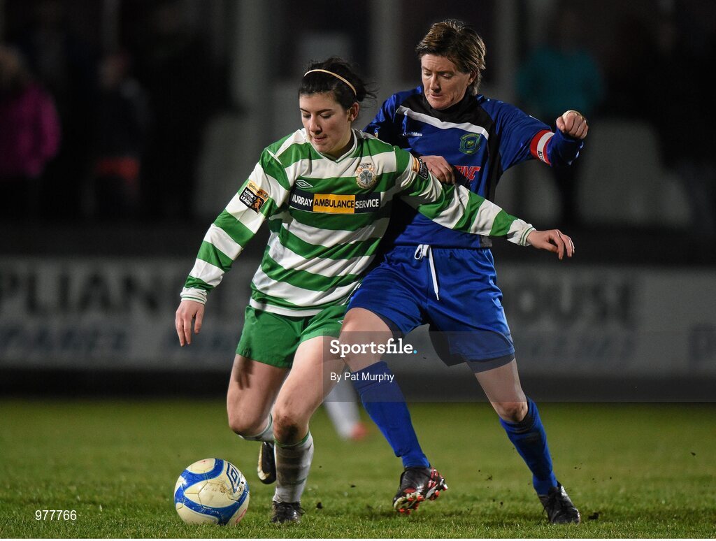 14 March 2015; Rachel Kearns, Castlebar Celtic, in action against Sylvia Gee, Peamount United. Continental Tyres Women's National League, Castlebar Celtic v Peamount United, Celtic Park, Castlebar, Co. Mayo. Picture credit: Pat Murphy / SPORTSFILE