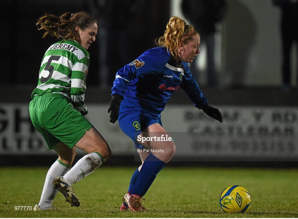 14 March 2015; Amber Barrett, Peamount United, in action against Aisling Egan, Castlebar Celtic. Continental Tyres Women's National League, Castlebar Celtic v Peamount United, Celtic Park, Castlebar, Co. Mayo. Picture credit: Pat Murphy / SPORTSFILE