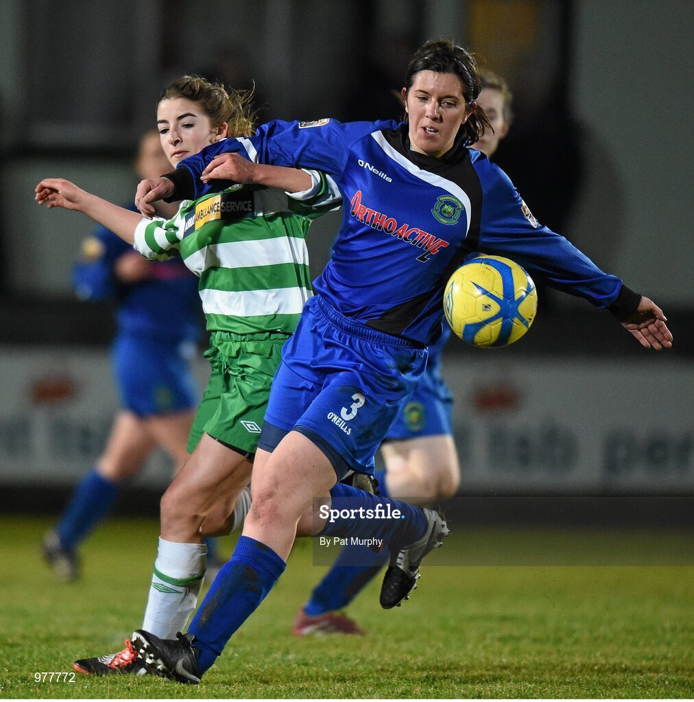 14 March 2015; Michelle Dunne, Peamount United, in action against Saoirse Ludden, Castlebar Celtic. Continental Tyres Women's National League, Castlebar Celtic v Peamount United, Celtic Park, Castlebar, Co. Mayo. Picture credit: Pat Murphy / SPORTSFILE