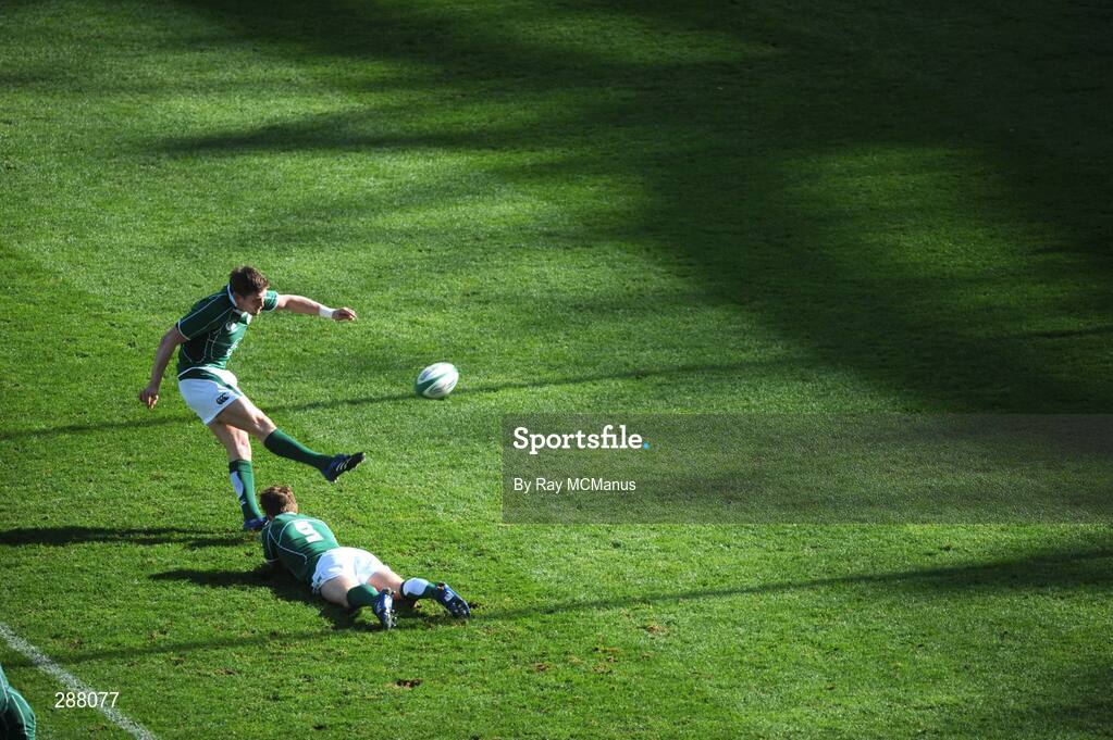 08 March 2008; Ireland's Ronan O'Gara kicks a penalty with the assistance of Eoin Reddan. RBS Six Nations Rugby Championship, Ireland v Wales, Croke Park, Dublin. Picture credit: Ray McManus / SPORTSFILE