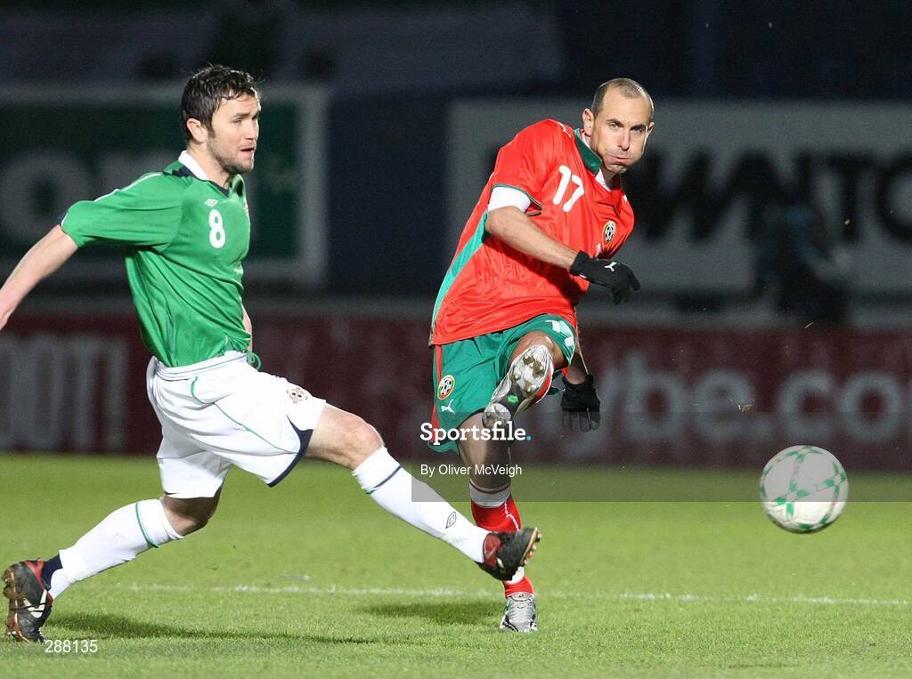 6 February 2008; Martin Petrov, Bulgaria, in action against Damian Johnston, Northern Ireland. International Friendly, Northern Ireland v Bulgaria, Windsor Park, Belfast, Co. Antrim. Picture credit; Oliver McVeigh / SPORTSFILE