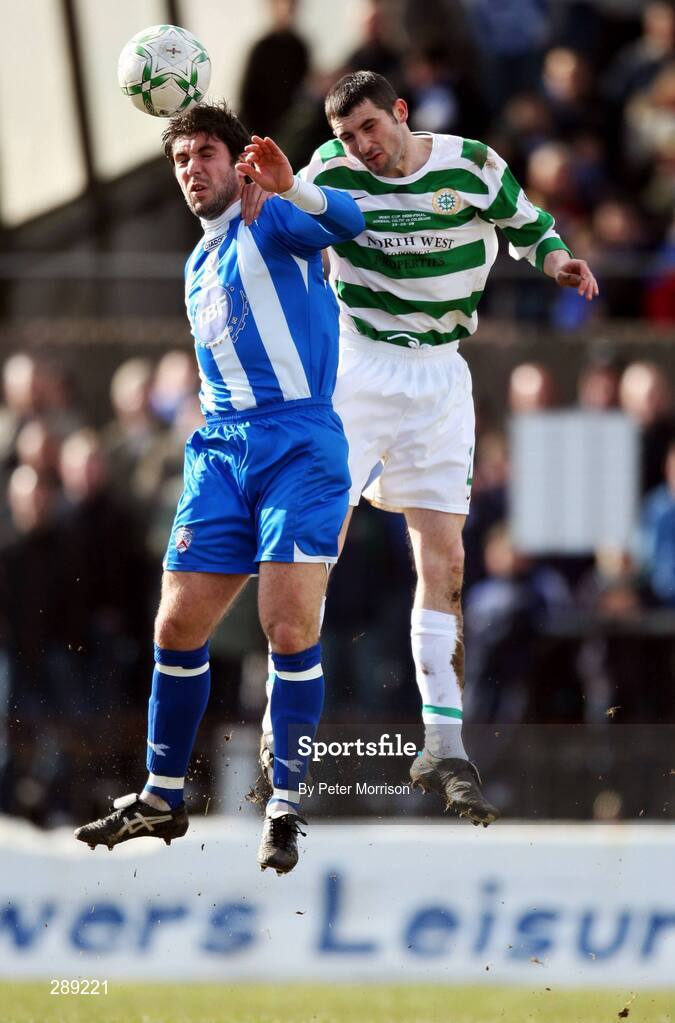 29 March 2008; Stephen Carson, Coleraine, in action against Tony Heagney, Donegal Celtic. JJB Sports Irish Cup semi-final, Coleraine v Donegal Celtic, The Showgrounds, Ballymena. Picture credit; Peter Morrison / SPORTSFILE