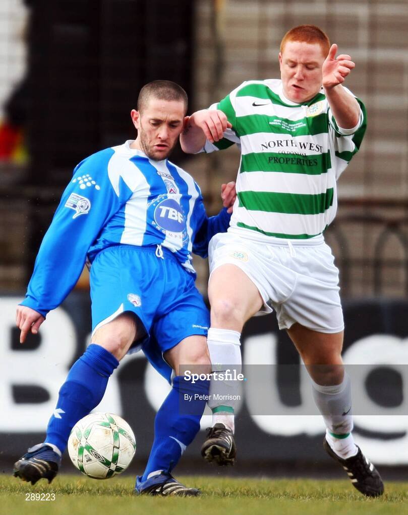 29 March 2008; Thomas Mc Callon, Coleraine, in action against Stephen Mc Alorum, Donegal Celtic. JJB Sports Irish Cup semi-final, Coleraine v Donegal Celtic, The Showgrounds, Ballymena. Picture credit; Peter Morrison / SPORTSFILE