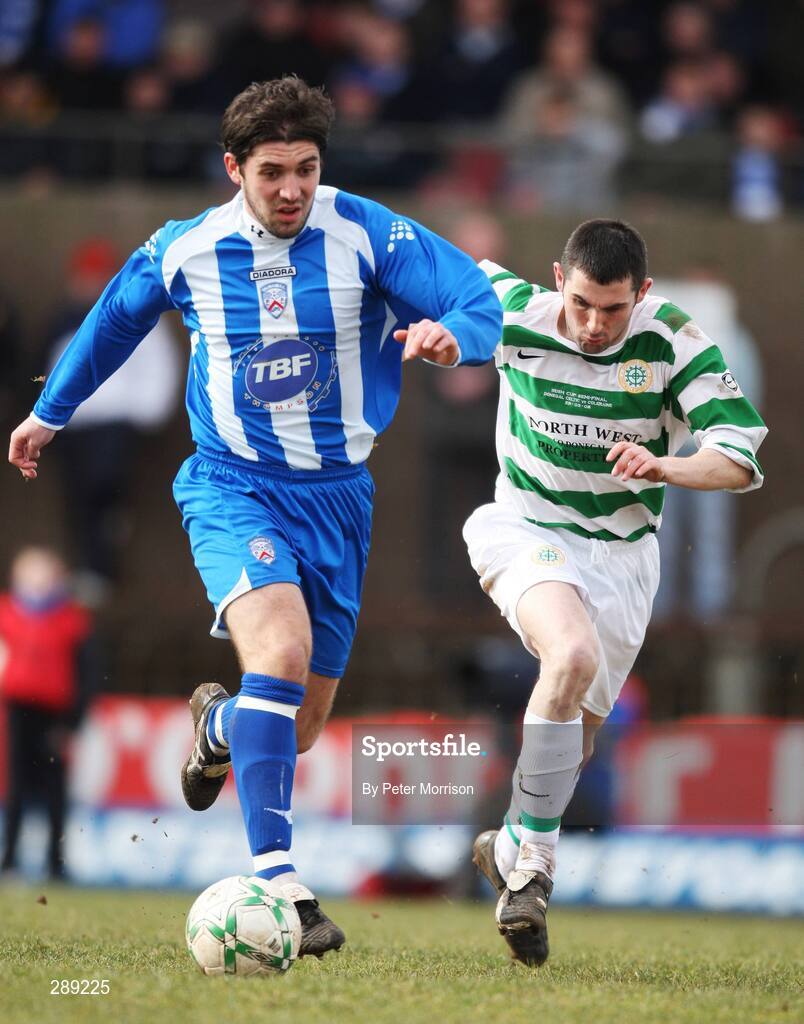 29 March 2008; Stephen Carson, Coleraine, in action against David Munster, Donegal Celtic. JJB Sports Irish Cup semi-final, Coleraine v Donegal Celtic, The Showgrounds, Ballymena. Picture credit; Peter Morrison / SPORTSFILE