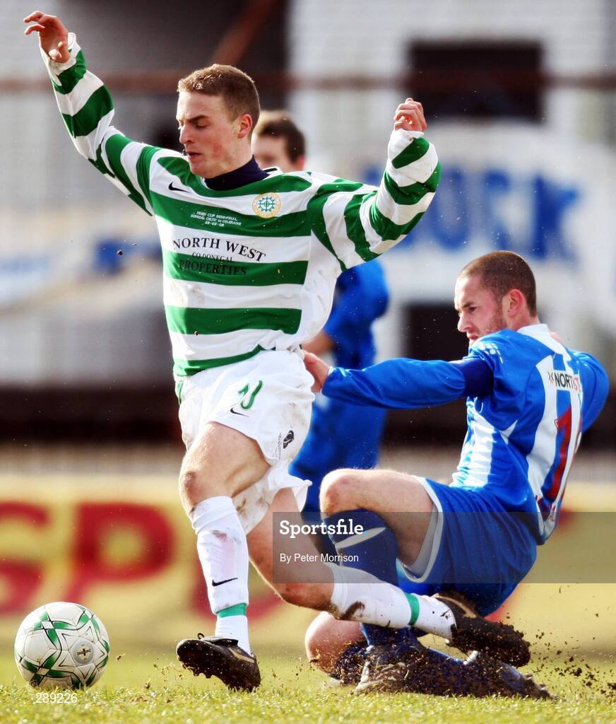 29 March 2008; Ciaran Gargan, Donegal Celtic in action against Thomas MC Callon, coleraine. JJB Sports Irish Cup semi-final, Coleraine v Donegal Celtic, The Showgrounds, Ballymena. Picture credit; Peter Morrison / SPORTSFILE