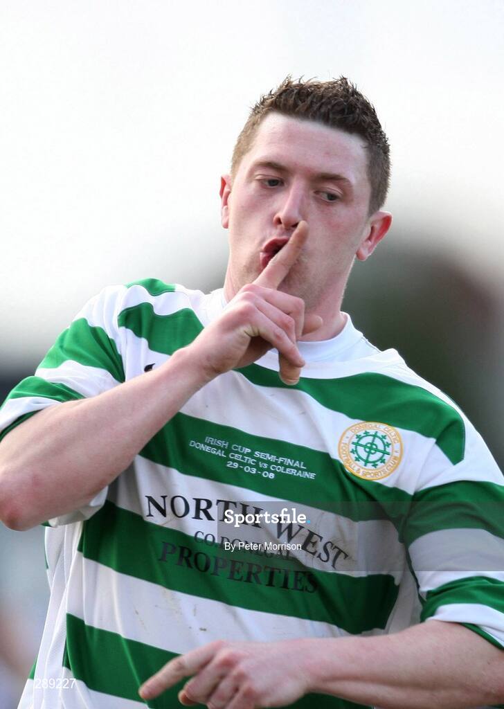 29 March 2008; Donegal Celtic's Liam Bradley reacts after scoring a free kick. JJB Sports Irish Cup semi-final, Coleraine v Donegal Celtic, The Showgrounds, Ballymena. Picture credit; Peter Morrison / SPORTSFILE