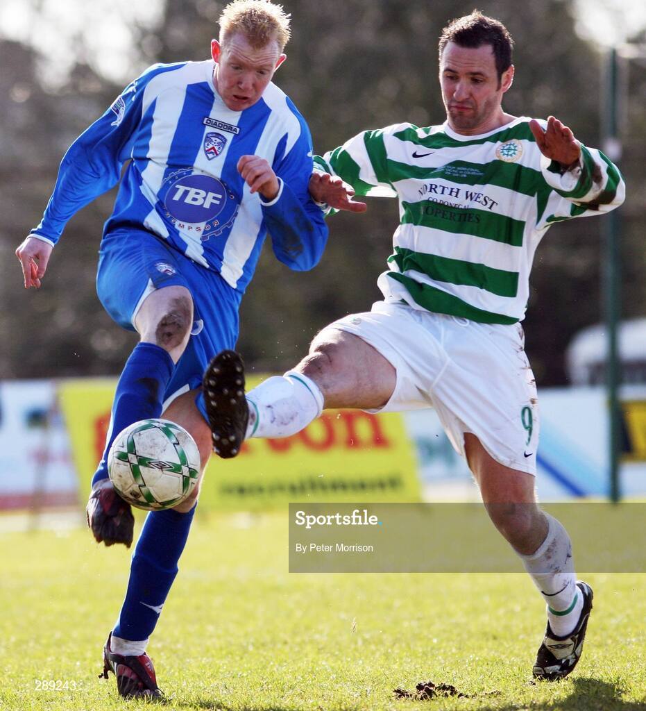29 March 2008; Kyle McVey, Coleraine, in action against Rory Hamill, Donegal Celtic. JJB Sports Irish Cup semi-final, Coleraine v Donegal Celtic, The Showgrounds, Ballymena. Picture credit: Peter Morrison / SPORTSFILE