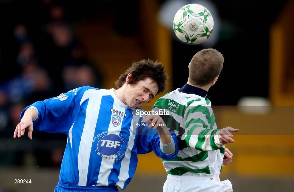 29 March 2008; Howard Beverland, Coleraine, in action against Ciaran Gargan, Donegal Celtic. JJB Sports Irish Cup semi-final, Coleraine v Donegal Celtic, The Showgrounds, Ballymena. Picture credit: Peter Morrison / SPORTSFILE