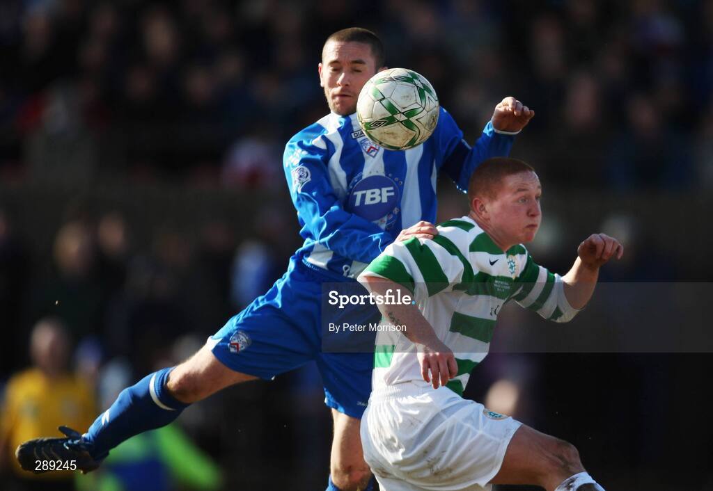 29 March 2008; Thomas Mc Callion, Coleraine, in action against Stephen Mc Alorum, Donegal Celtic. JJB Sports Irish Cup semi-final, Coleraine v Donegal Celtic, The Showgrounds, Ballymena. Picture credit: Peter Morrison / SPORTSFILE