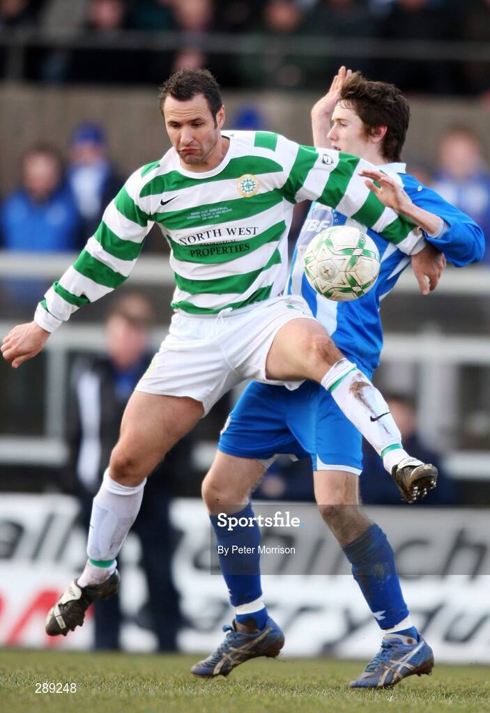 29 March 2008; Howard Beverland, Coleraine, in action against Rory Hamill, Donegal Celtic. JJB Sports Irish Cup semi-final, Coleraine v Donegal Celtic, The Showgrounds, Ballymena. Picture credit: Peter Morrison / SPORTSFILE
