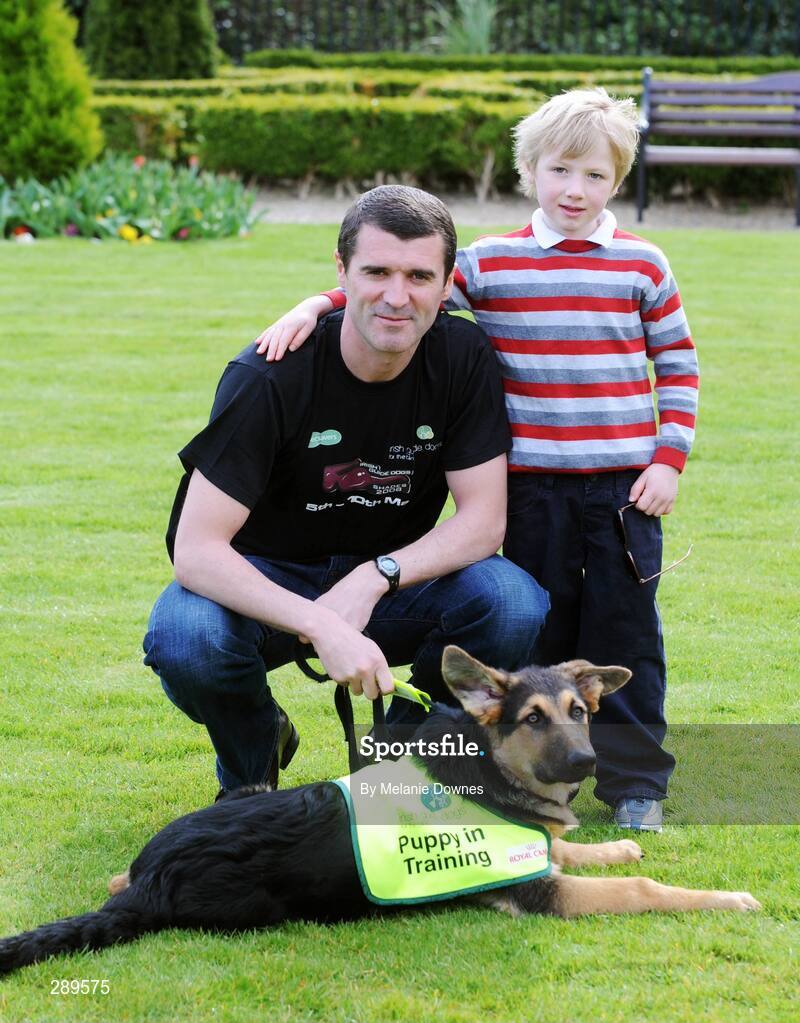 2 April 2008; Sunderland manager Roy Keane and Sam Tackaberry, 5, from Clonskeagh, with Izac, four-month-old German Shepard guide dog in training, at the launch of the Sixth Irish Guide Dogs for the Blind / Specsavers SHADES 2008 Campaign. Shades National Fundraising & awareness campaign week runs 5th - 10th May. The Radisson SAS, St Helens Hotel, Stillorgan, Dublin. Picture credit: Melanie Downes / SPORTSFILE