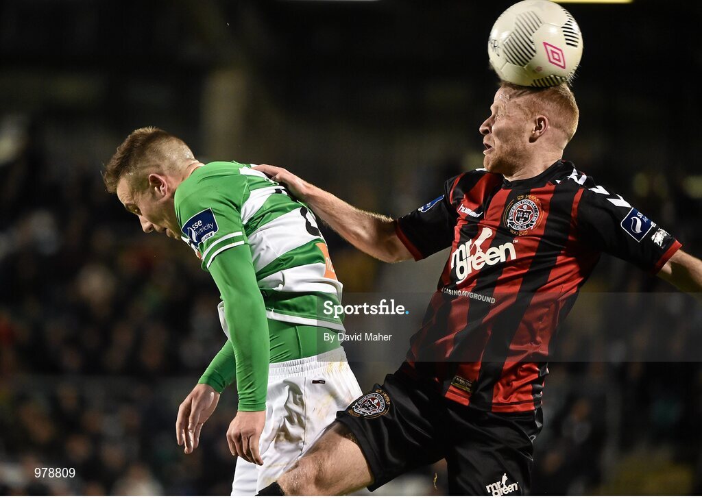 27 March 2015; Lorcan Fitzgerald, Bohemians, in action against Michael Drennan, Shamrock Rovers . SSE Airtricity League Premier Division, Shamrock Rovers v Bohemians. Tallaght Stadium, Tallaght, Co. Dublin. Picture credit: David Maher / SPORTSFILE