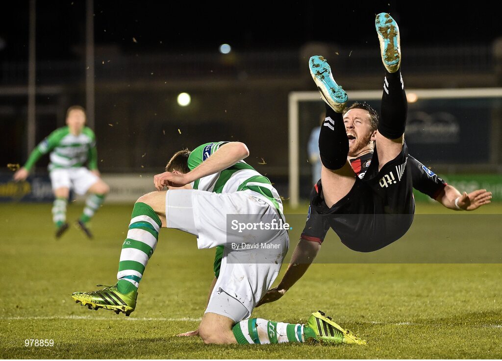 27 March 2015; David O'Connor, Shamrock Rovers, tackles Paddy Kavanagh, Bohemians, resulting in O'Connor's recieving of a yellow card. SSE Airtricity League Premier Division, Shamrock Rovers v Bohemians. Tallaght Stadium, Tallaght, Co. Dublin. Picture credit: David Maher / SPORTSFILE